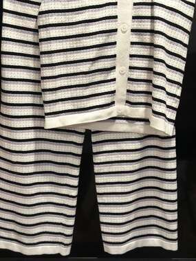 Sleeveless Striped Crochet Knit 2 Piece Lounge Set with Button Top and Pants